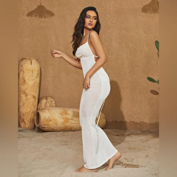 White Backless Maxi Dress | Open Back Draped Cowl Vacation Dress | S | NWT - Picture 2 of 3